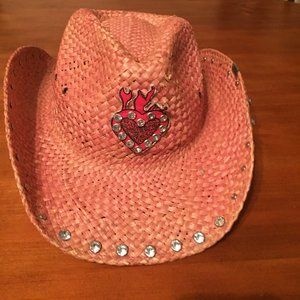 Peter Grimm Pink Hearts & Flames Straw Hat With Crystals
